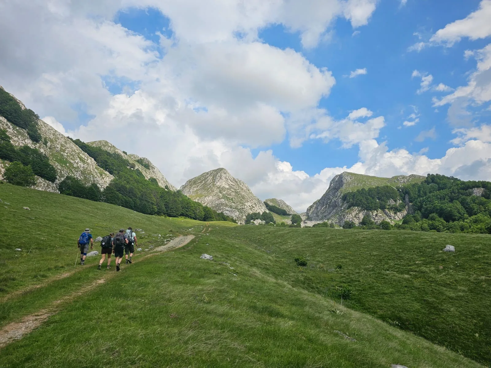 Hikers crossing an alpine meadow