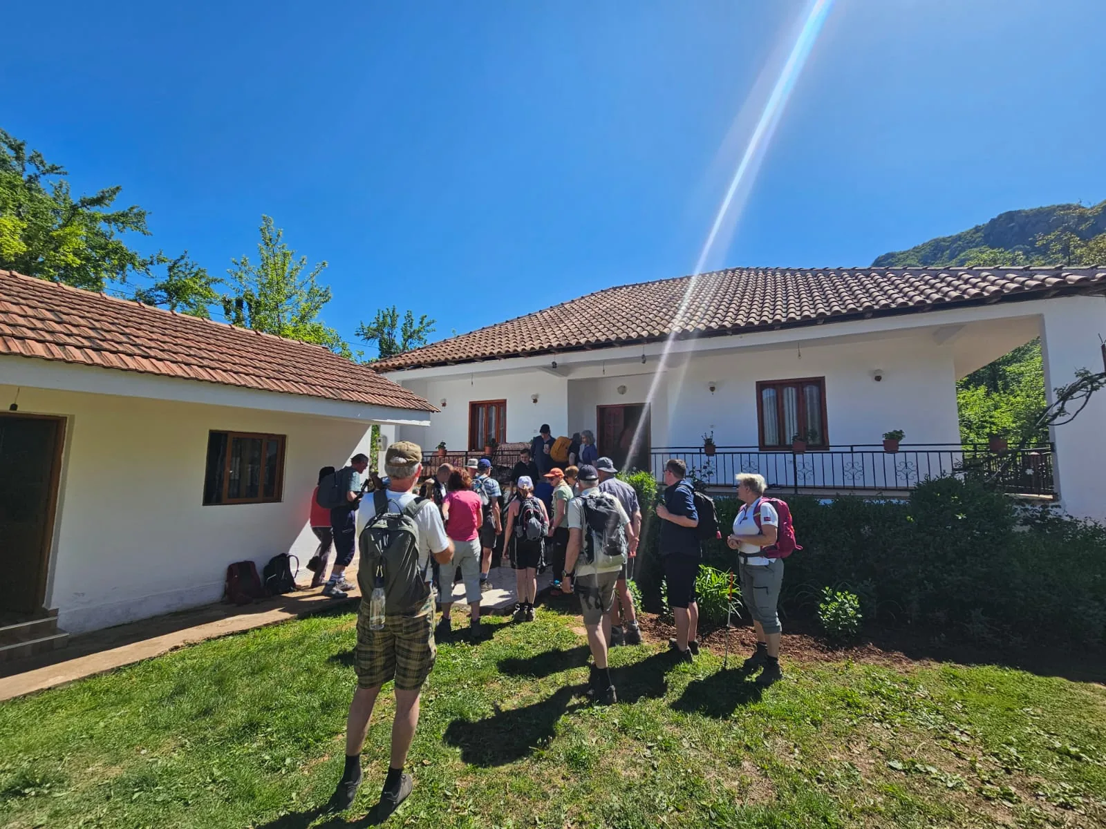 Hikers gathering at a country guesthouse